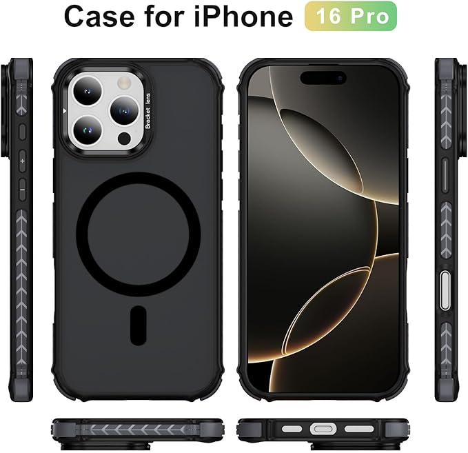 Magnetic for iPhone 16 Pro Case Black with MagSafe Wireless Charging Heavy Duty Military-Grade Shockproof Protection Adjustable Kickstand Slim Matte Anti-Fingerprint Cover Men Women