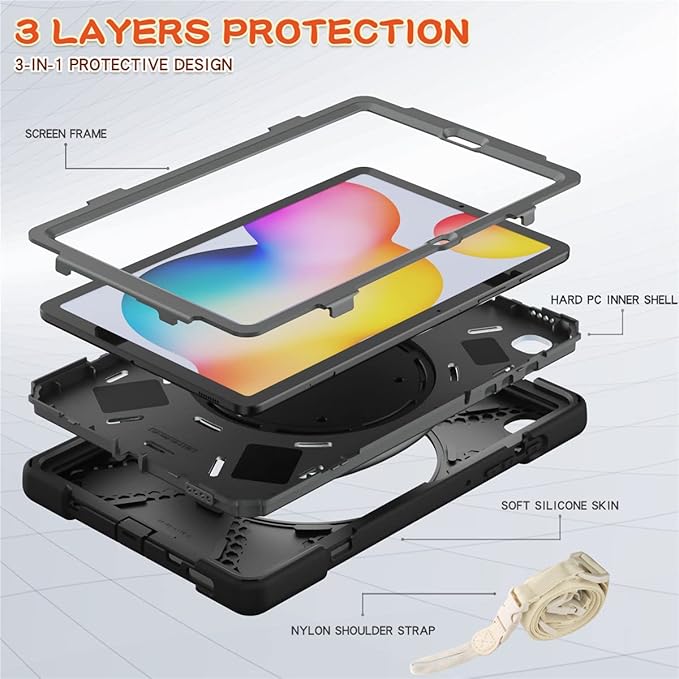360 Rotation Case for Samsung Galaxy Tab S6 Lite 10.4" Sturdy Cover Rotate Ring Stand Shoulder Carrying Strap Hand Strap Rugged Children Adults Outdoor Case (Black+Gray)