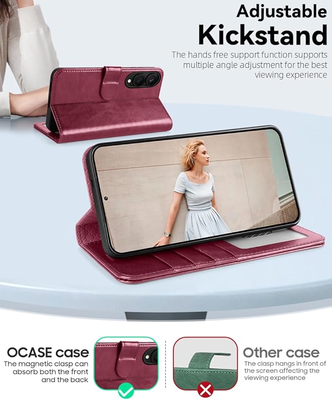 OCASE Compatible with Galaxy S25 Edge Wallet Case, PU Leather Flip Folio Case with Card Holders RFID Blocking Kickstand [Shockproof TPU Inner Shell] Protective Phone Cover 2025, Burgundy
