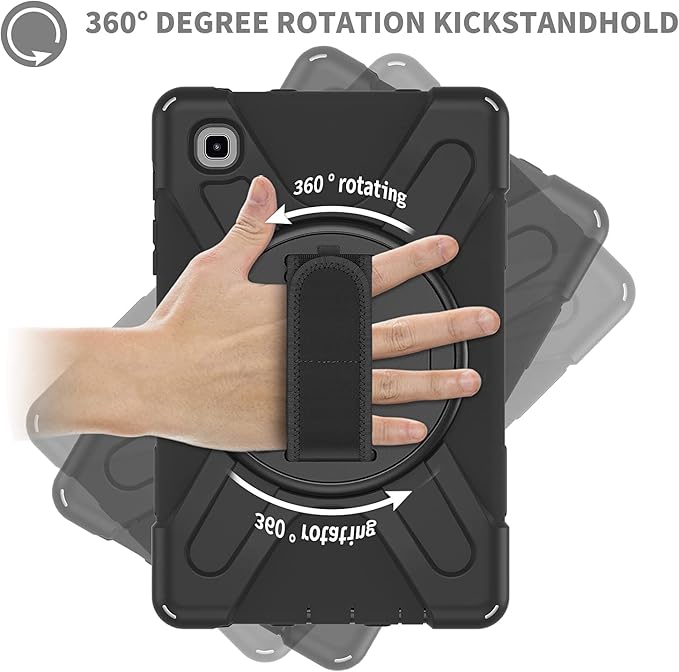 ZenRich Carrying Case for Samsung Galaxy Tab A7 Lite 2021 8.7'' SM-T220/T225/T227, Heavy Duty Rugged Full-Body Protective Case with [360 Rotating Stand] [Hand Strap][Shoulder Belt], Black