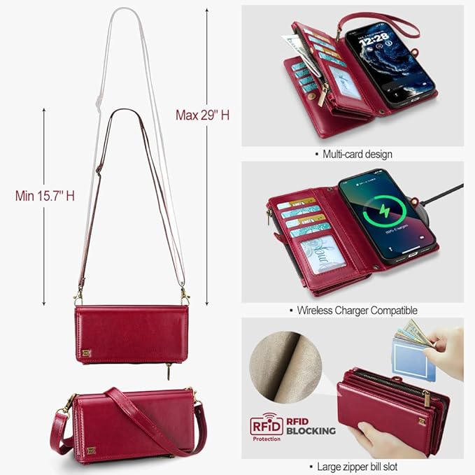 for iPhone 17 Pro Max Wallet Phone Case with 8 Card Holder,RFID Blocking | PU Leather | Kickstand | Flip | Wrist Strap&Shoulder Strap | Shockproof | Zipper Wallet | Women Men | 6.9" | Red