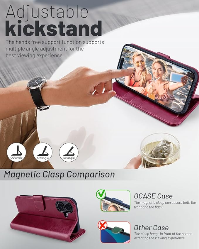 OCASE Compatible with iPhone 16 Wallet Case, PU Leather Flip Folio Case with Card Holders RFID Blocking Kickstand [Shockproof TPU Inner Shell] Phone Cover 6.1 Inch 2024, Burgundy