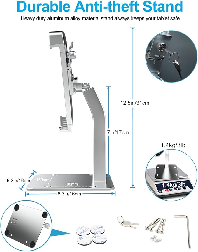 woleyi Anti-Theft Desktop Tablet Kiosk Stand Holder, Heavy Duty Countertop Tablet POS Display Mount with Security Lock and Key, Compatible iPad Pro/Air/Mini, Galaxy Tabs, Surface, More 7-11" Tablets
