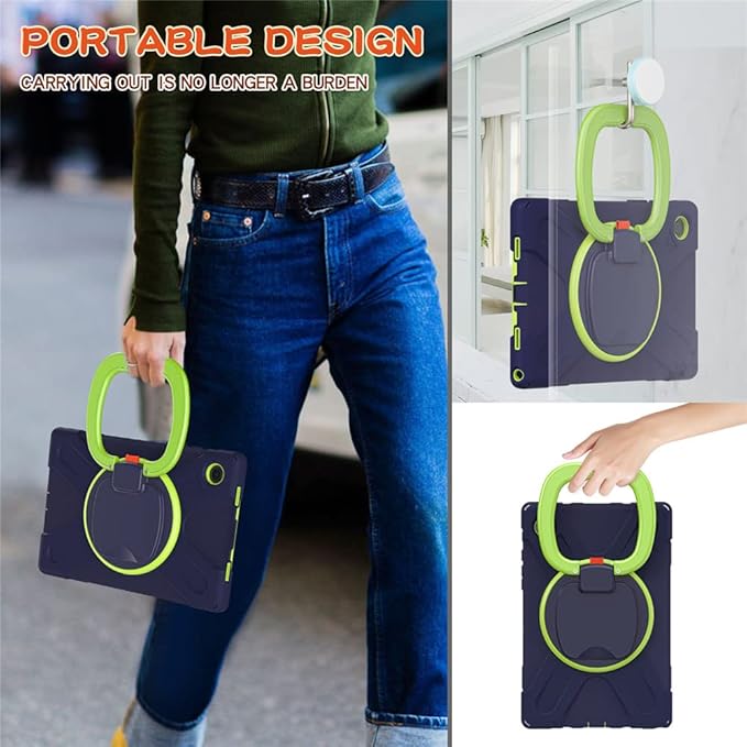 360 Rotation Case for Samsung Galaxy Tab A8 10.5" Sturdy Cover Rotate Ring Stand Shoulder Carrying Strap Hand Strap Rugged Children Adults Outdoor Case, Navy+Green