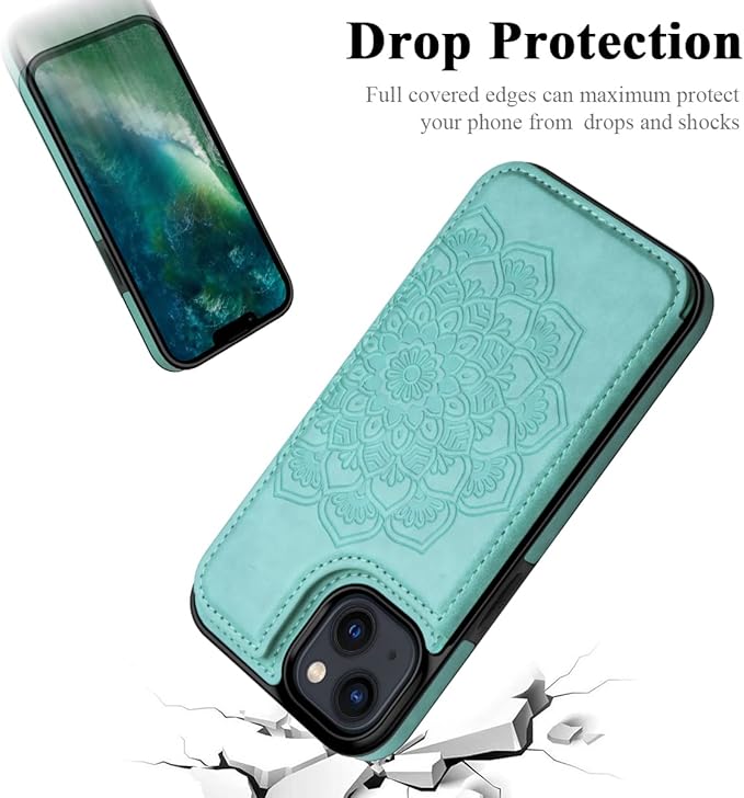MMHUO for iPhone 14 Case with Card Holder, Flower Magnetic Back Flip Case for iPhone 14 Wallet Case for Women, Protective Case Phone Case for iPhone 14,Mint