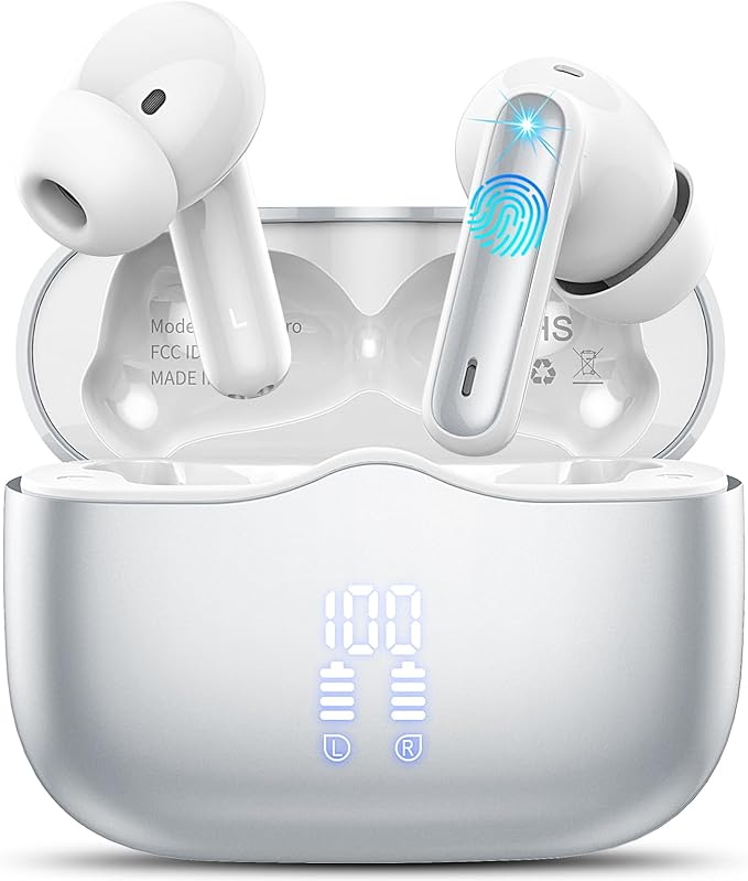Wireless Earbuds, Bluetooth 5.4 Headphones in Ear with 4 ENC Noise Cancelling Mic, New Wireless Earphones HiFi Stereo Deep Bass 40H Playtime, In-Ear Bluetooth Earbuds LED Display IP7, USB-C, Silver