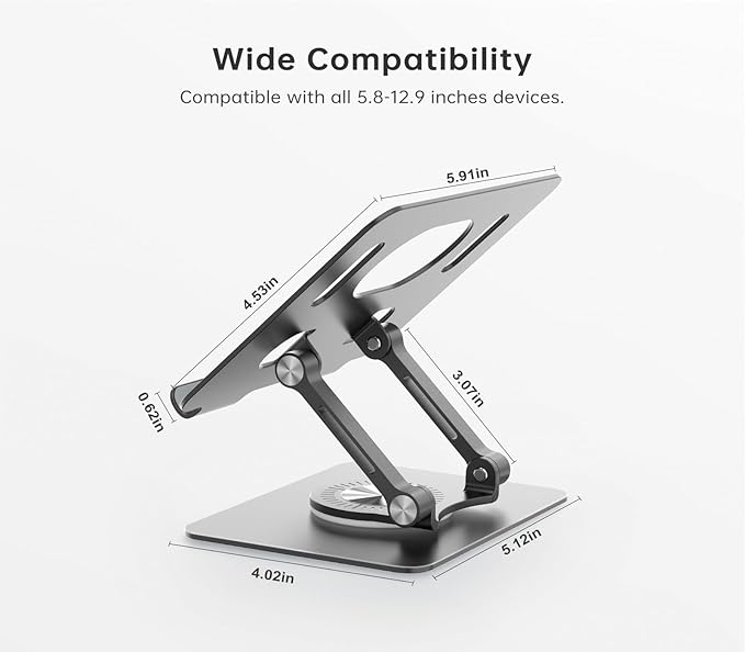 Tablet Stand Holder with 360° Rotating Base Dual Rod Aluminum Adjustable Tablet Stand for Desk Compatible with iPad Samsung Phone Kindle E-Reader and More, Black
