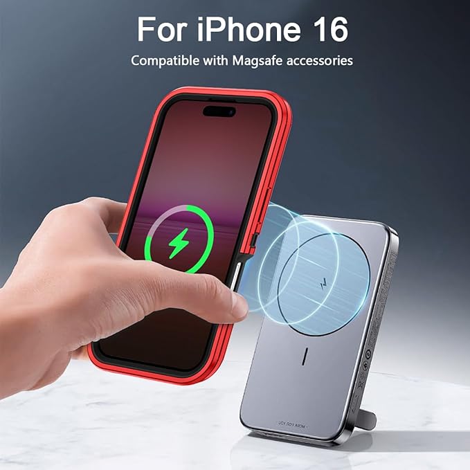 for iPhone 16 Case [Compatible with MagSafe] Shockproof 3-Layer Full Body Protection [Without Screen Protector] Rugged Heavy Duty Cover Case for Apple iPhone 16 6.1",Red/Black