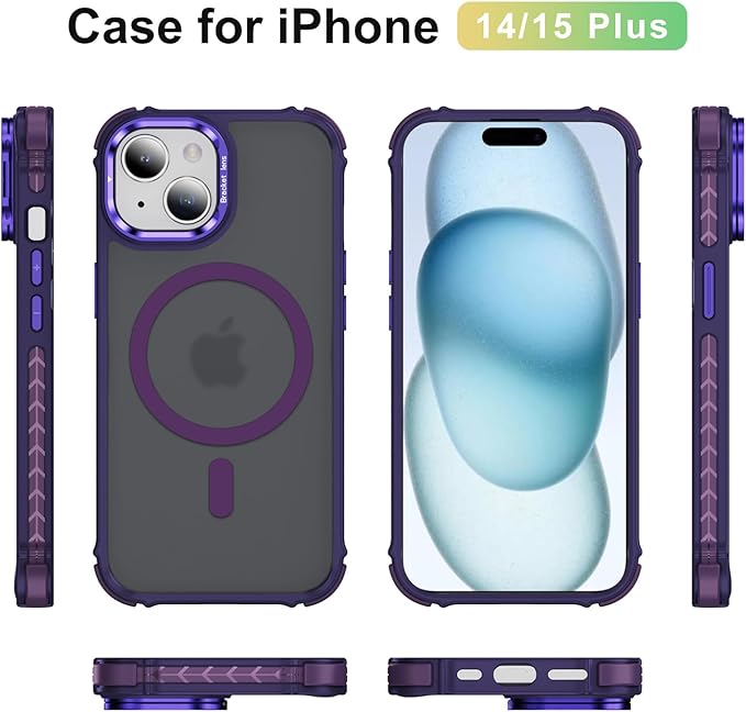 Magnetic for iPhone 15 Plus Case/iPhone 14 Plus Case Purple with MagSafe Wireless Charging Military-Grade Shockproof Protection Adjustable Kickstand Slim Matte Anti-Fingerprint Cover Men Women