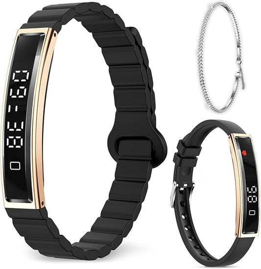 Efolen Smart Bracelet for Women,Ultralight Fitness Tracker Smart Wristband with Heart Rate/Blood Oxygen/Sleep Monitor/Pedometer,Slim Smartwatch for Android iPhone,Activity Tracker,2 Band,Gold+Black
