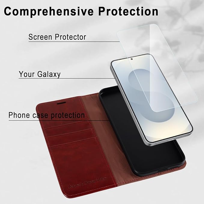 MONASAY Wallet Case Fit for Samsung Galaxy S25+ Plus 5G, [Lens & Glass Screen Protector Included] [RFID Blocking] Flip Folio Leather Cell Phone Cover with Credit Card Holder, 6.7 inch, Burgundy