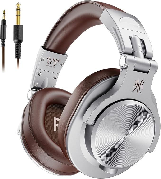 OneOdio A71 Hi-Res Studio Recording Headphones - Wired Over Ear Headphones with SharePort, Monitoring Mixing Foldable Headset with Stereo Sound, 3.5/6.35MM Jack for PC Computer DJ Guitar-Silver