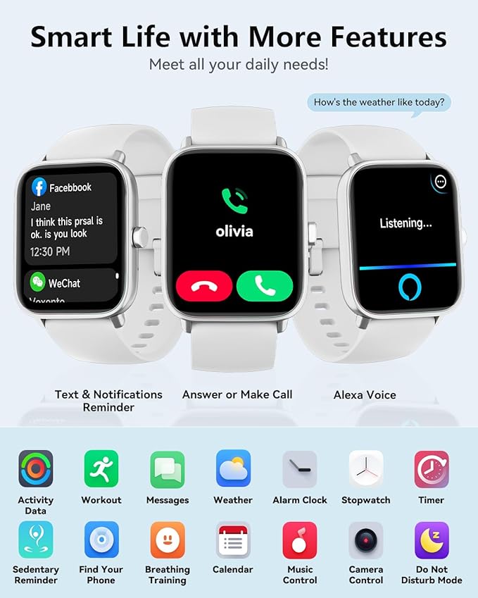 Smart Watches for Women/Men, Smart Watch for Android Phones and iPhone Compatible, Alexa Built-in, 1.8" Fitness Watches for Women, IP68 Waterproof/Bluetooth Call, Heart Rate/Sleep Monitor, White