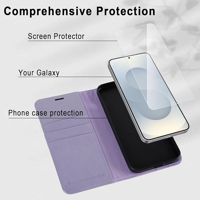 MONASAY Wallet Case Fit for Samsung Galaxy S25 5G, [Lens & Glass Screen Protector Included] [RFID Blocking] Flip Folio Leather Cell Phone Cover with Credit Card Holder, 6.2 inch, Lavenders