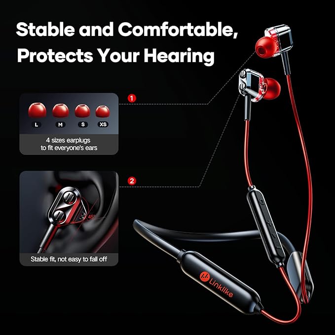 LINKLIKE Neckband Bluetooth Earbuds Wireless, Sports Earphones with 100H Playtime, HD Sound with 4 Drivers, Earbuds Around Neck Secure Fit IPX7 Waterproof for Running,Gym,Workout-Red