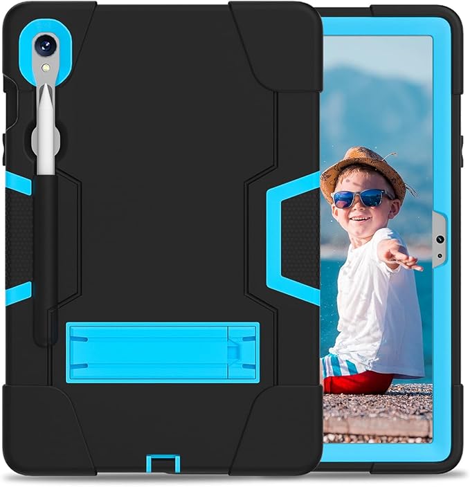 Case for Galaxy Tablet S10 FE 10.9" / S9 FE / S9 11" 2023, Soft Silicone & Hard Pc 3-Layer Military Protector Cover for Tab S10 FE /S9 FE/ S9 /S8 /S7 with S-Pen Holder Stand Black+Blue