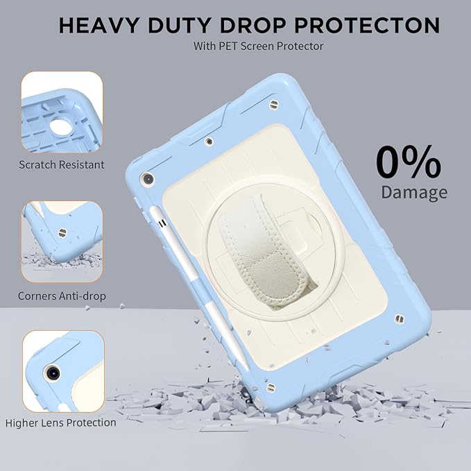 Case for iPad 9th/8th/7th Generation-Built-in Screen Protector,with Pencil Holder&360°Rotating Hand Strap,Shoulder Strap,Case for iPad 10.2 inch 2021-2019(Blue/Beige)