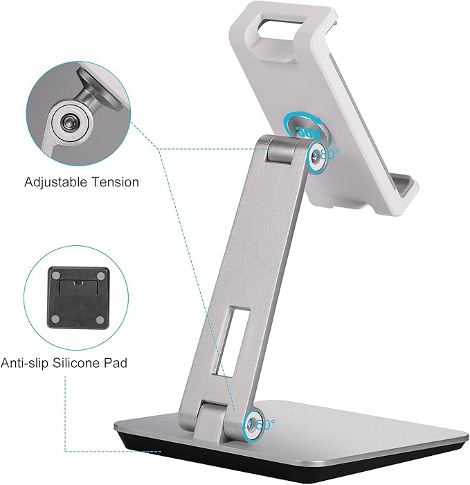 Tablet Stand Adjustable & Foldable, 360° Swivel Heavy Aluminum Tablet Holder for Desk, Compatible with iPad Pro/Air/Mini, Galaxy Tab, Surface Pro, Kindle Fire (7-13") (Silver)