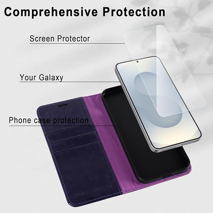 MONASAY Wallet Case Fit for Samsung Galaxy S25+ Plus 5G, [Lens & Glass Screen Protector Included] [RFID Blocking] Flip Folio Leather Cell Phone Cover with Credit Card Holder, 6.7 inch, Purple
