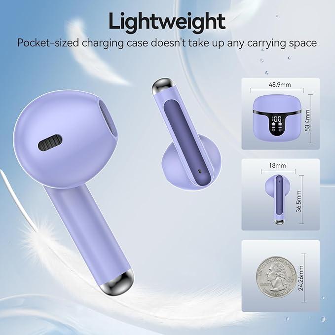 Wireless Earbuds, 2025 Bluetooth 5.3 Headphones HiFi Stereo 50H Playback Ear Buds with Led Digital Display, ENC Noise Cancelling Earbuds for Laptop Computer, iOS, Android, Purple