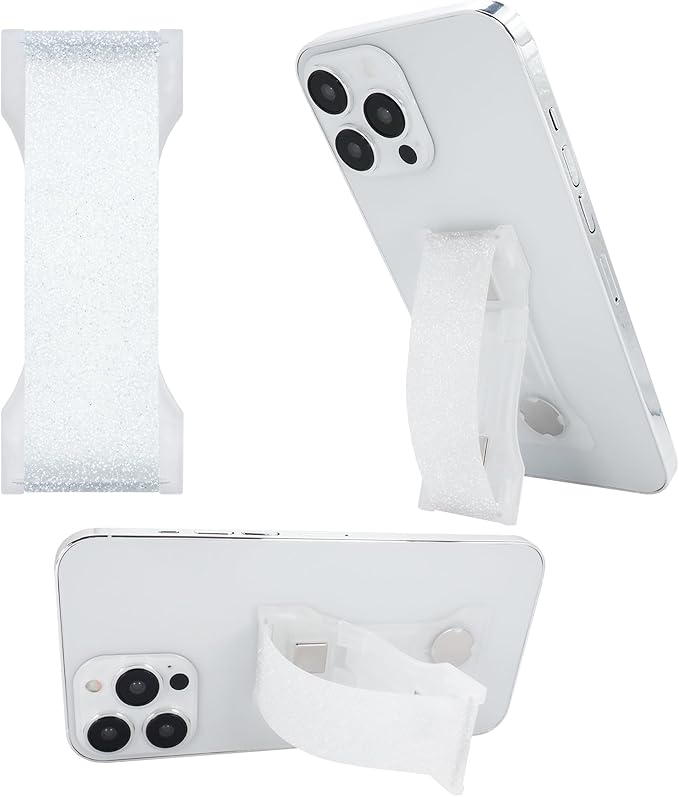 LOVEHANDLE PRO Premium Phone Grip - Silicone Phone Strap - Magnetic Phone Mount and Kickstand for Smartphone and Tablet - Crystal Clear Glitter Silicone