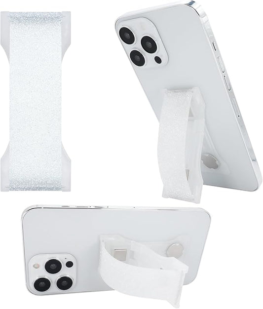 LOVEHANDLE PRO Premium Phone Grip - Silicone Phone Strap - Magnetic Phone Mount and Kickstand for Smartphone and Tablet - Crystal Clear Glitter Silicone