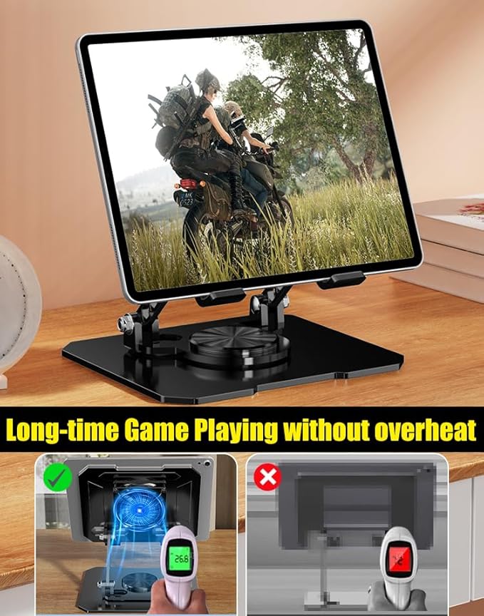 360° Rotating Tablet Desk Stand Holder with USB Cooler，Carbon Steel Frame Dual Rod Mount Support for iPad Pro 13 12 11 Air Mini 5 4 3 Samsung Tab E-Reader (Black with Built-in Cooler)