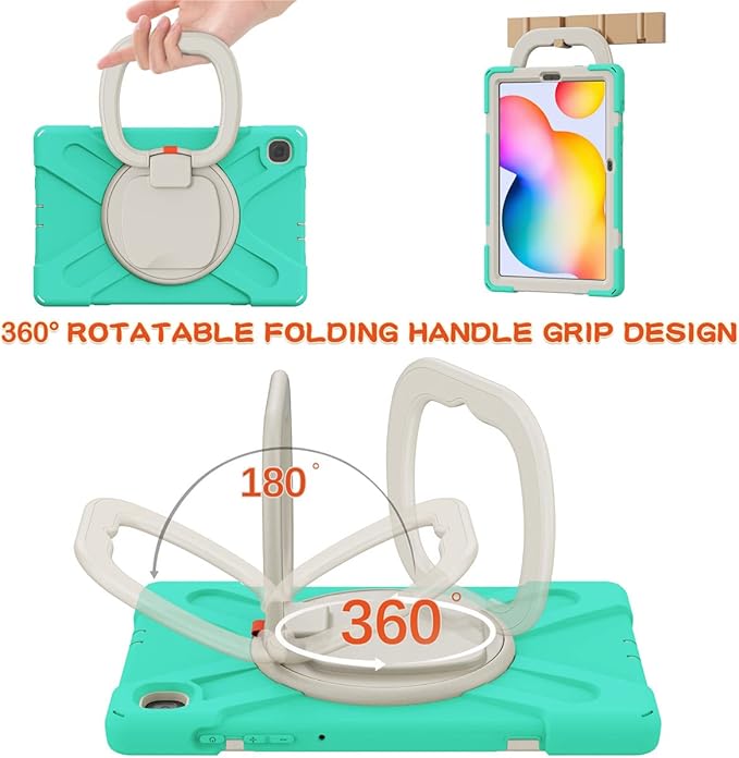 360 Rotation Case for Samsung Galaxy Tab S6 Lite 10.4" Sturdy Cover Rotate Ring Stand Shoulder Carrying Strap Hand Strap Rugged Children Adults Outdoor Case (MintGreen)