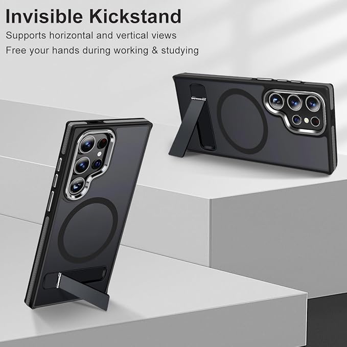 Magnetic Case for Samsung Galaxy S24 Ultra with Kickstand, Compatible with MagSafe, Anti-Slip S24 Ultra Case, 3-Modes Stand Military-Grade Protection, Galaxy S24 Ultra Cover (Black/Grey)