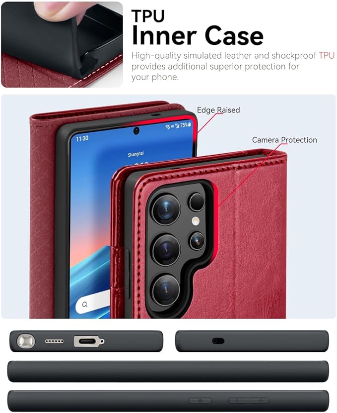 OCASE Compatible with Galaxy S25 Ultra Wallet Case, PU Leather Flip Folio Case with Card Holders RFID Blocking Kickstand [Shockproof TPU Inner Shell] Protective Phone Cover 2025, Red