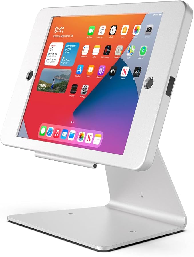 Desktop Anti-Theft Security Kiosk Stand Holder Enclosure for iPad 10.2-Inch (9th Gen.2021,8th Gen.2020,7th Gen.2019),with Lock & Key,Flip & 360°Rotating Horizontal or Vertical Design(Silver)
