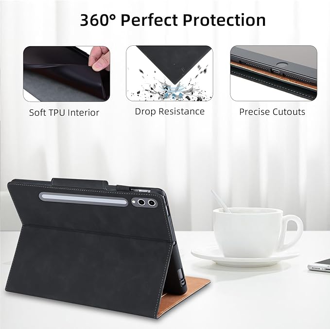 Case for Samsung Galaxy Tab S10 Plus/S9 FE Plus/S9 Plus 12.4 Inch - Multi-Angle Viewing Stand Cover with Pocket, PU Leather Folio Case with Magnetic Clasp, Auto Wake/Sleep Smart Tablet Cover, Black