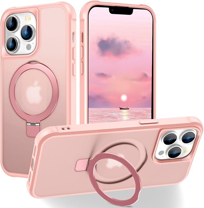 Magnetic Compatible with iPhone 13 Pro Case with Stand [Military Grade Drop Tested][Compatible with Magnet] Ring Translucent Slim Hard Back Soft Edge, Pink