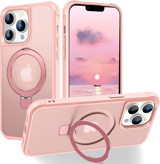 Magnetic Compatible with iPhone 13 Pro Case with Stand [Military Grade Drop Tested][Compatible with Magnet] Ring Translucent Slim Hard Back Soft Edge, Pink