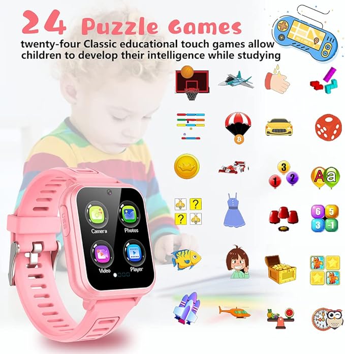 Retysaz Kids Smart Watch,24 Game Smart Watch for Kids, Fashion Smartwatches for Children 3-14 Great Gifts to Girls Boys (Pink)