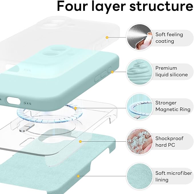 Vooii Magnetic Compatible with iPhone 17 Case (Compatible with Magsafe) (Upgraded Camera Protection) Liquid Silicone Shockproof Full Body Protective Phone Cover for Women Men, Mint, 6.3"