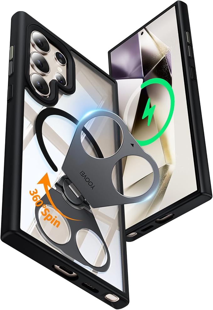 for Samsung Galaxy S24 Ultra Case Clear with Ring Holder,Kickstand 360°Rotatable Invisible Magnetic Built-in Stand [Compatible with MagSafe] [Drop Protection] Slim Soft Edge Cover,Black