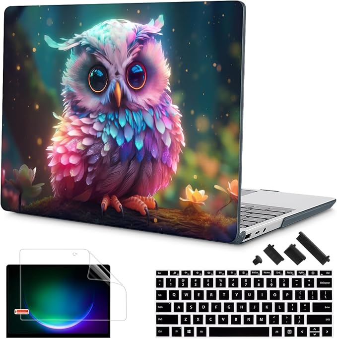 Tuiklol Case for 12.4 Inch Microsoft Surface Laptop Go 3/2 / 1 2023-2020 Releases, Plastic Hard Shell Case with Screen Protector and Keyborad Cover +Dust Plugs Model 2013/1943,Rainbow owl