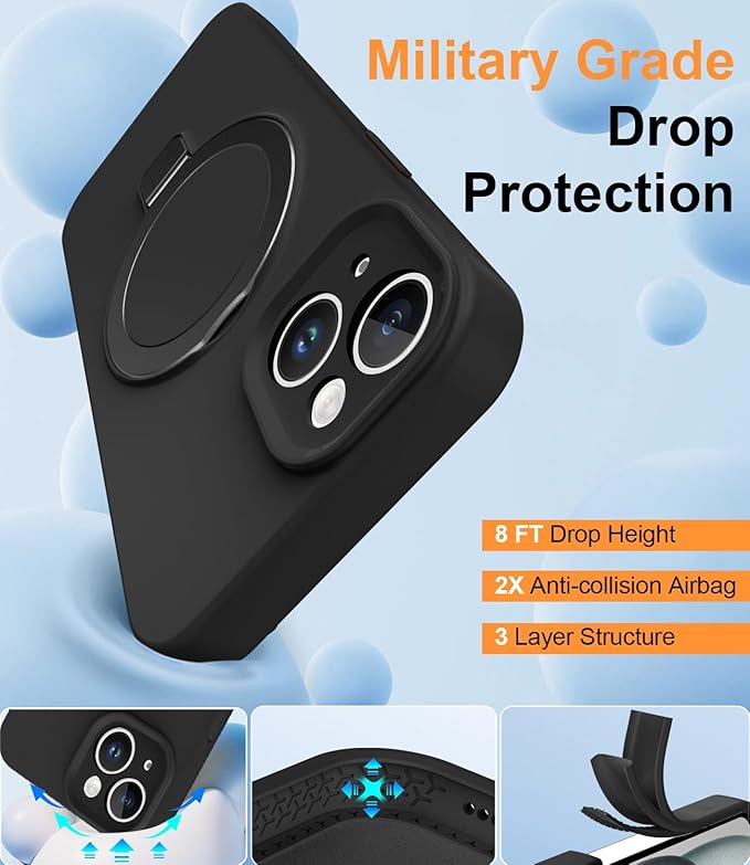 ZHK Liquid Silicone Designed for iPhone 14 Plus Case with Magnet Stand, [Precise Camera Lens Protection][Mil-Grade Drop Shockproof][Soft Anti-Scratch Microfiber Lining] Slim Fit Cover, Black