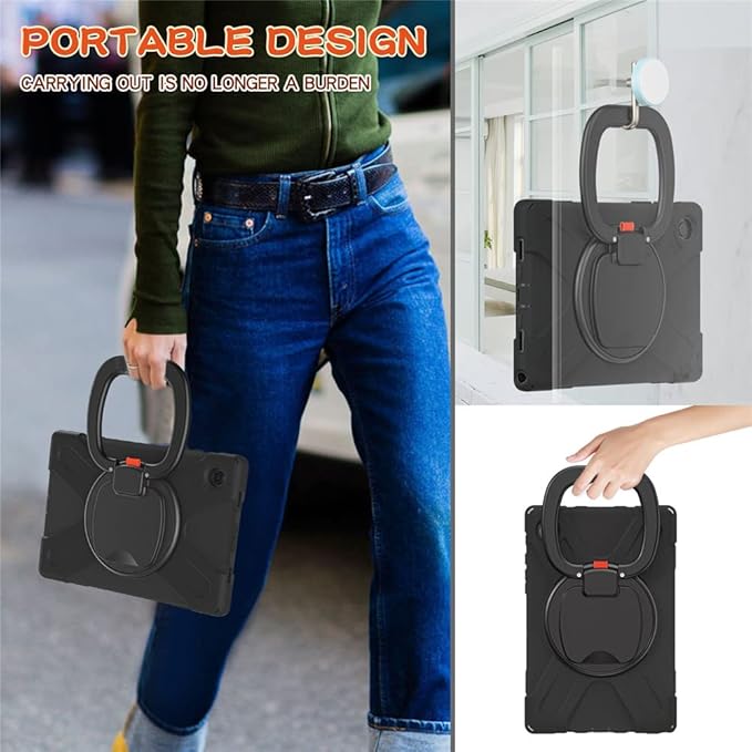 360 Rotation Case for Galaxy Tab A8 10.5" Sturdy Cover Rotate Ring Stand Shoulder Carrying Strap Hand Strap Rugged Children Adults Outdoor Case, Black