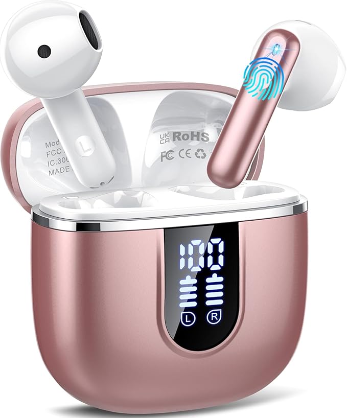 Wireless Earbuds, Bluetooth 5.4 Headphones with 3D Bass Stereo, 40H Ultralight in-Ear Buds, Bluetooth Earbuds with 4 ENC Noise Cancelling Mic, USB-C, IP7 Waterproof Earphones for Android iOS, Rose