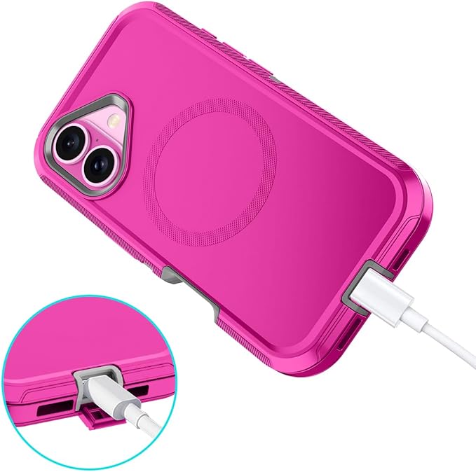for iPhone 16 Plus Case [Compatible with MagSafe] Shockproof 3-Layer Full Body Protection [Without Screen Protector] Rugged Heavy Duty Cover Case for Apple iPhone 16 Plus 6.7",Rose Red/Grey