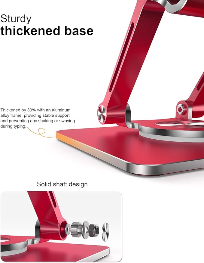 Tablet Stand Holder with Thickened 360°Rotating Base Dual Rod Adjustable Aluminum Stand for All 5.8-12.9” iPad Samsung Phone Tablet Kindle E-Reader and More, Gold