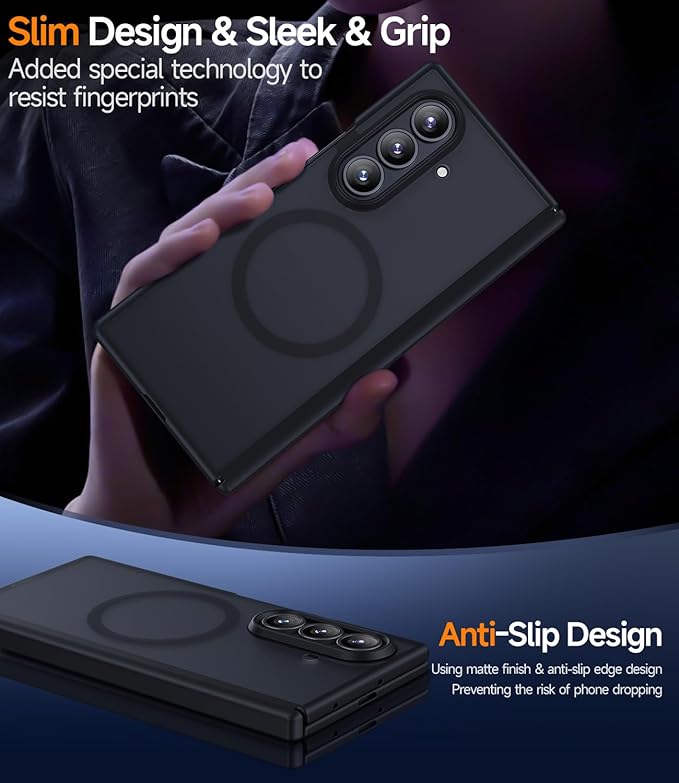 Magnetic for Samsung Galaxy-Z-Fold-7 Case: Fit for Magsafe & Built-in Hinge Protection & Screen Protector [Anti-Scratch] Shockproof Translucent Matte Phone Cover for ZFold 7 5G 2025(Black)