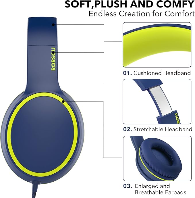 RORSOU R10 Over-Ear Headphones with Microphone, Lightweight Folding Stereo Bass Headset with 1.5M No-Tangle Cord, Portable Wired Headphones for Smartphone Tablet Computer MP3 / 4 (Blue)