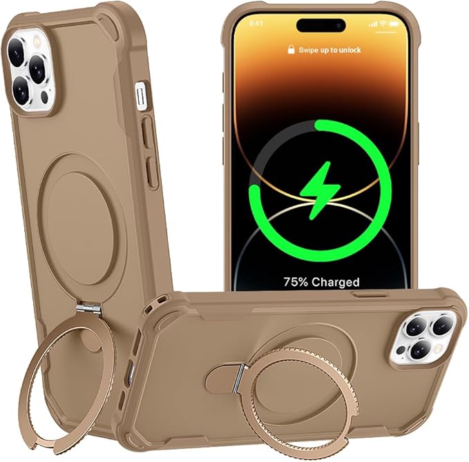 Designed for iPhone 14 Pro Max Case with Magnetic Stand [Military Drop Protection][Compatible with Magnet] Shockproof 14 Pro Max Phone Case with Ring Holder, Khaki