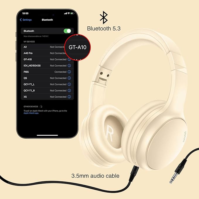 Bluetooth Active Noise Cancelling Headphones with Microphone, A10 Wireless Headset Over Ear, 20H+ Playtime, Bluetooth 5.3, Lightweight Wired Headphones for Tablet/PC - Beige