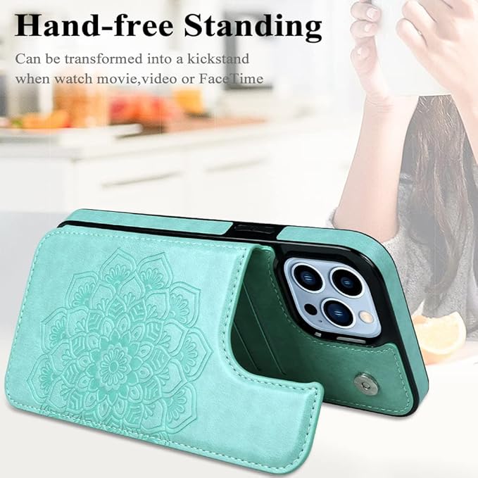 MMHUO for iPhone 15 Pro Max Case with Card Holder,Flower Magnetic Buttons Protective Wallet Case for Women for iPhone 15 Pro Max,Mint