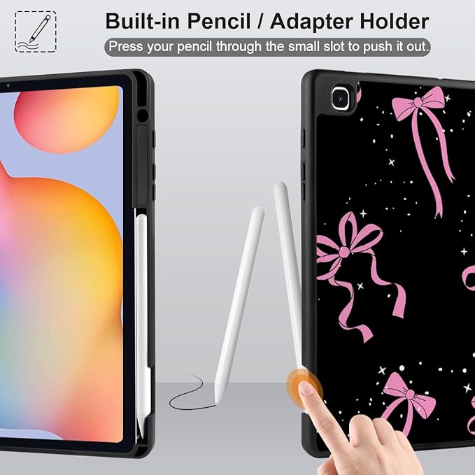 DONGKE Case for Samsung Galaxy Tab S6 Lite 10.4 Inch 2024/2022/2020, Trifold Stand + S Pen Holder + Auto Wake/Sleep + Soft TPU Protective Stand Back Cover, Bows & Stars