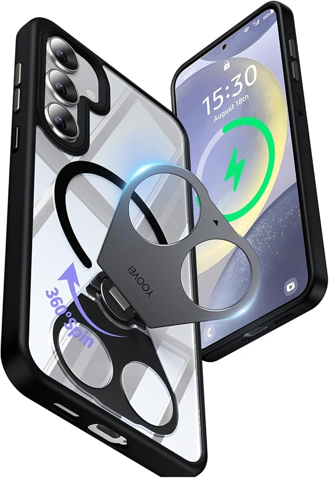 for Samsung Galaxy S24+ (Plus) Case Clear with Ring Holder,Kickstand 360°Rotatable Invisible Magnetic Built-in Stand [Compatible with MagSafe] [Drop Protection] Slim Soft Edge Cover,Black